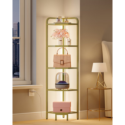 Corner Shelf with LED Lighting,5-Tier Glass Bookshelf,Steel Frame, Tempered Glass, Modern Style Corner Shelf,Suitable for Living Rooms, Bedrooms and Games Rooms, Golden