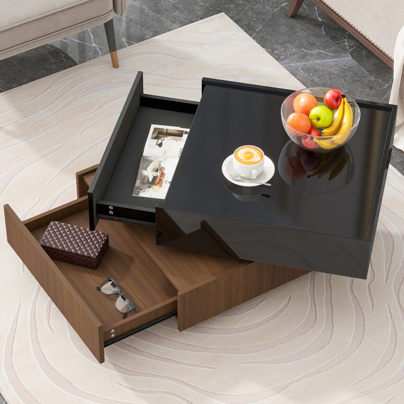 Multi-functional Square 360°Rotating Coffee Table with 2 Drawers, High Gloss 2-Tier Centre Table with Swivel Tabletop and Storage, Walnut Table Frame Side Table for Living Room, Black