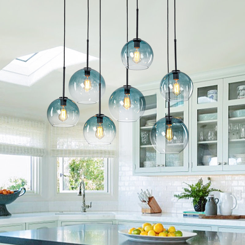 Luminaire suspendu sphère en verre 7 lumières Cveto, Bleu