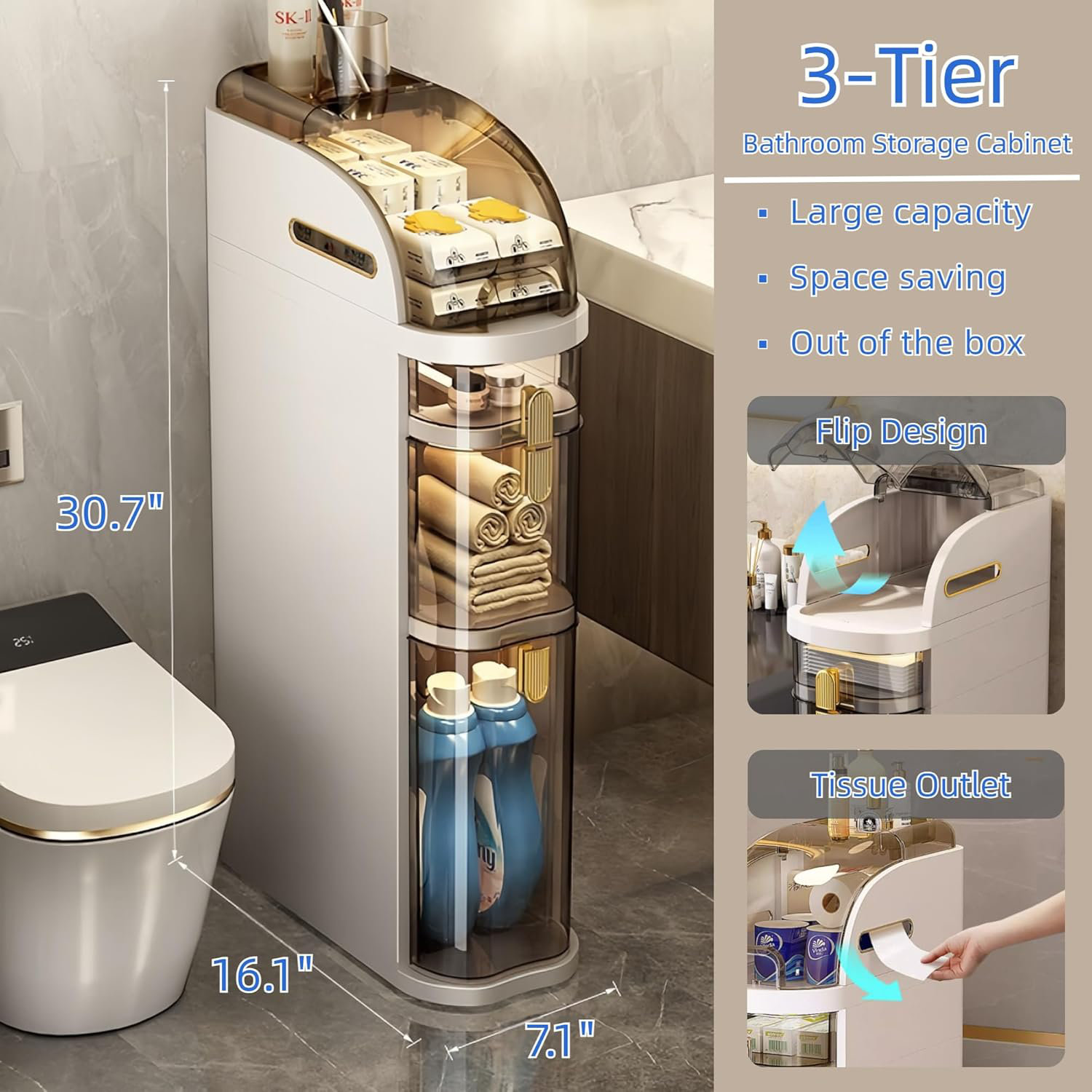 Rebrilliant 3-Tiers Slim Bathroom Storage Cabinet, Narrow Bathroom ...
