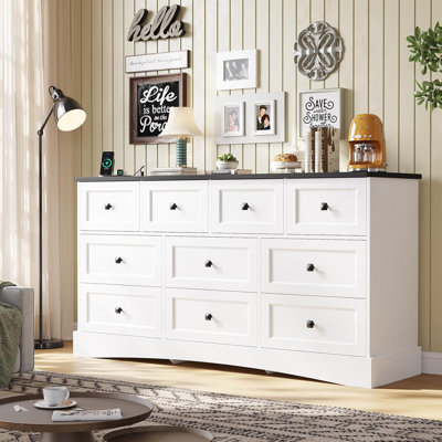 Bedroom Dresser With 10 Drawers, 55.2" Long Dresser Tv Stand With Charging Station, Farmhouse Dresser Chest Of Drawers, Large Wood Storage Tower