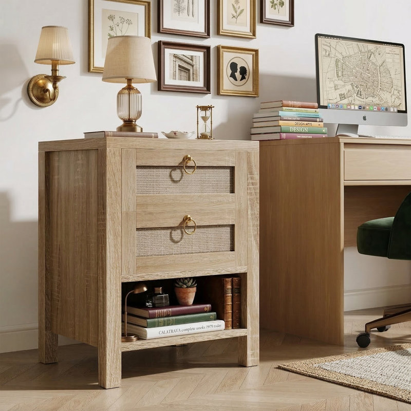 17.5" Rattan Nightstand With Charging Station - 2-Drawer Boho Bedside Table With 2 USB & 2 AC Outlets - Wood End Table With Golden Hardware - White Oak