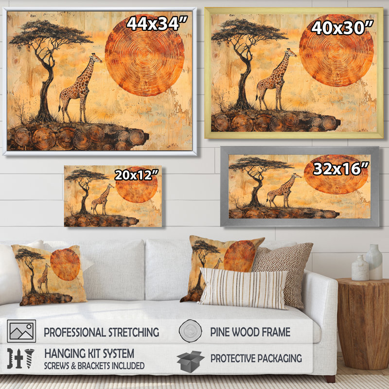Girafe silencieuse dans un paysage africain III - Girafe, art mural, H 12 po x l 20 po, Toile tendue sur cadre