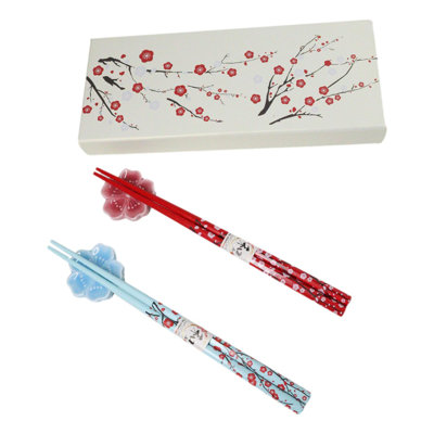Red Blue Sakura Cerry Blossoms Flowers Set of 2 Chopsticks And Ceramic Rests Set
