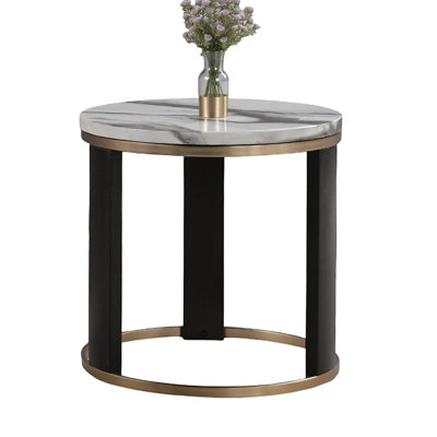 Contemporary Round End Table with Marble Top, Gold Rings & Wooden Legs - Gold, White & Black Finish for Living Room
