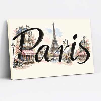 Paris Eiffel Tower And Pink Flower Boxes Watercolor Canvas Wall Art
