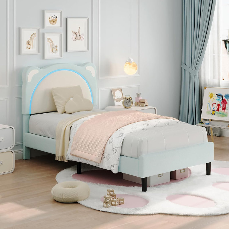 Lit plateforme simple TG avec tête de lit ajustable et lumières DEL, conception tapissée d'ours, bleu, Bleu