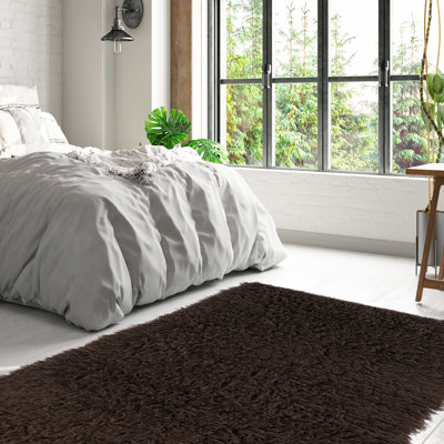 Alamin Handmade Flokati Wool Dark Brown Area Rug