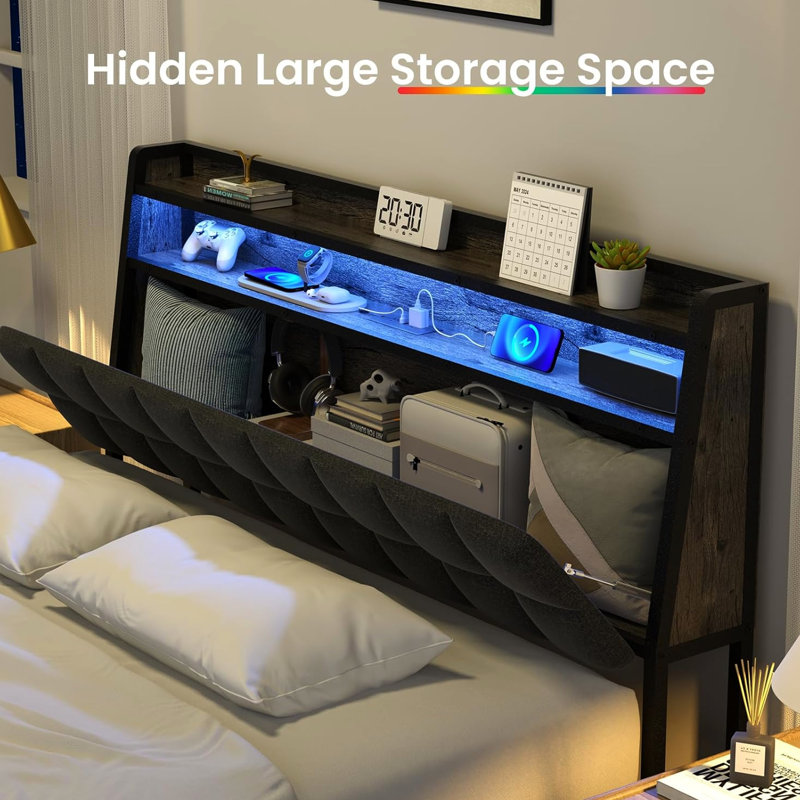 Structure de grand lit de style moderne, tête de lit ergonomique, conception d'ambiance à DEL, espace de chargement et de rangement inférieur, capacité