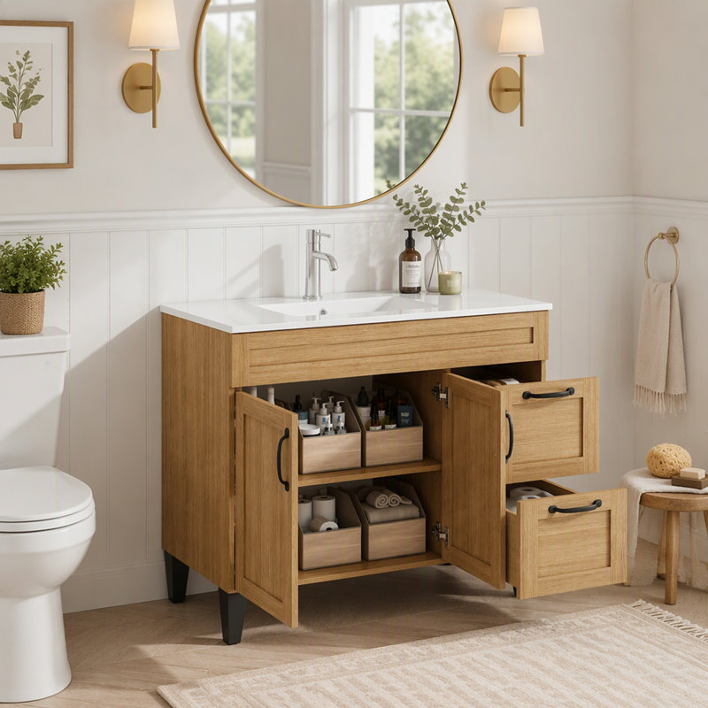 Meuble-lavabo moderne avec lavabo, grand espace de rangement, charnières à fermeture en douceur et montage facile pour des salles de bains élégantes et fonctionnelles.