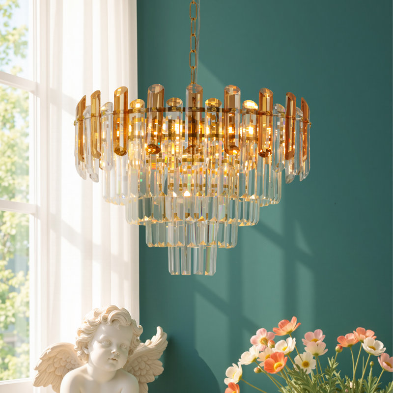 21.65" 8-Light Gold Glam Tiered Crystal Chandelier with Clear & Amber Shades
