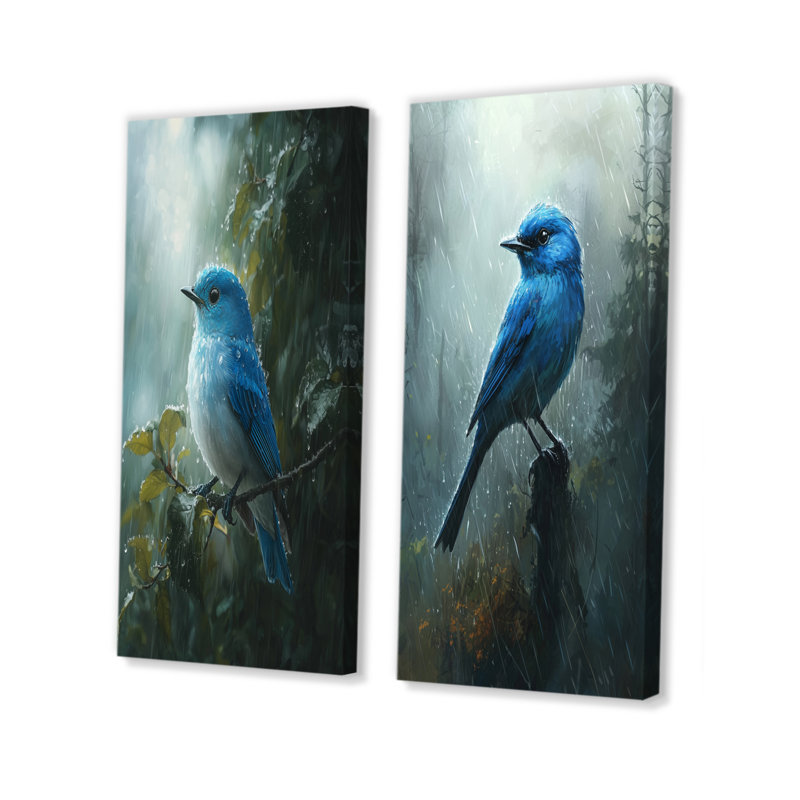 «Bluebird In The Forest Rain I», collection d'art mural 2 panneaux animaux, H 28 po x l 25 po, Toile tendue