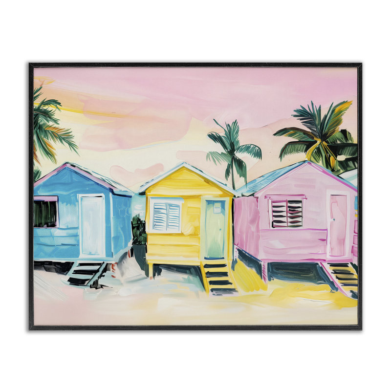 Giclée encadrée de cabines de plage tropicales pastel, design par Arlington Prints, H 16 po x l 20 po