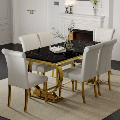 Ensemble de table de salle à manger de luxe 7 pièces en faux marbre et or noir avec 6 chaises en cuir blanches