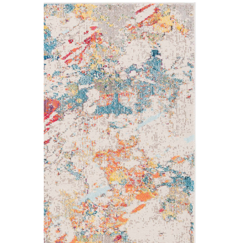 Tapis ivoire / bleu / rouge en coton / polyester / polypropylène à tissage plat Caternia, Carré 6 pi 7 po