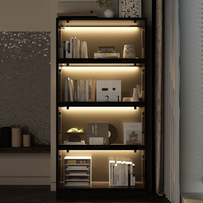 Armoire de rangement de bureau H 63 po x l 31,5 po avec portes en verre et lumières DEL, Noir