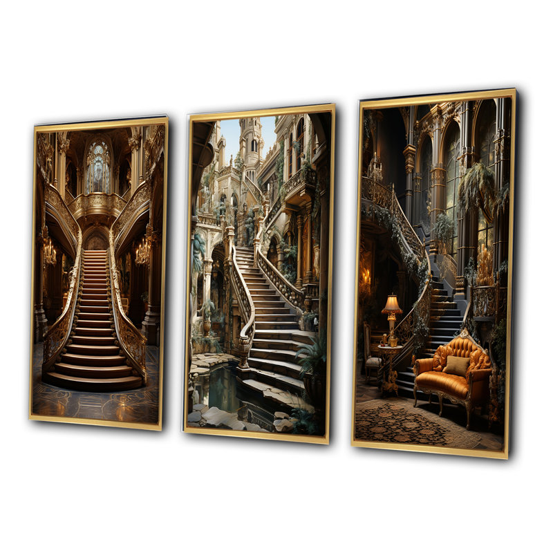 Castles Royal Refuge Rich - ensemble de 3 reproductions, Encadrement doré, H 32 po x l 48 po