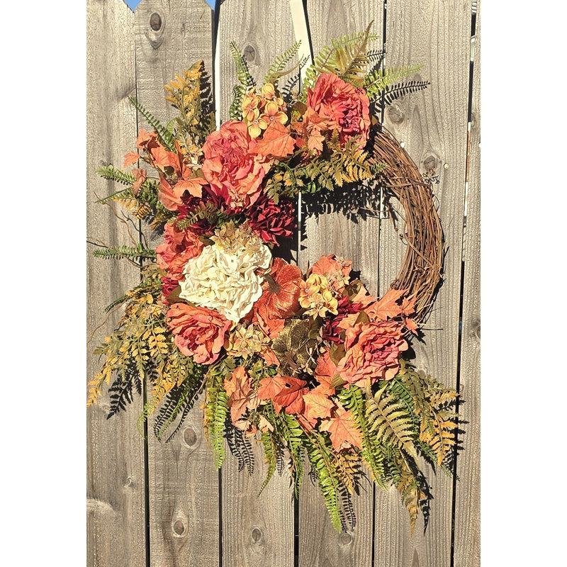 White Hydrangea, Peony And Pumpkin Fall Wreath