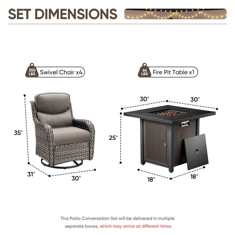 Ensemble de conversation d'extérieur pivotant en osier 4 personnes avec table carrée en métal Simino, Gris, Gris