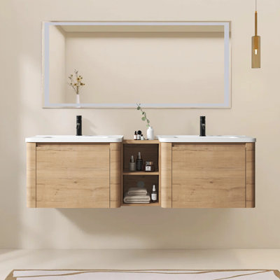 Modern 68" Natural Wood Wall Mounted Vanity And Storage Shelves Combination