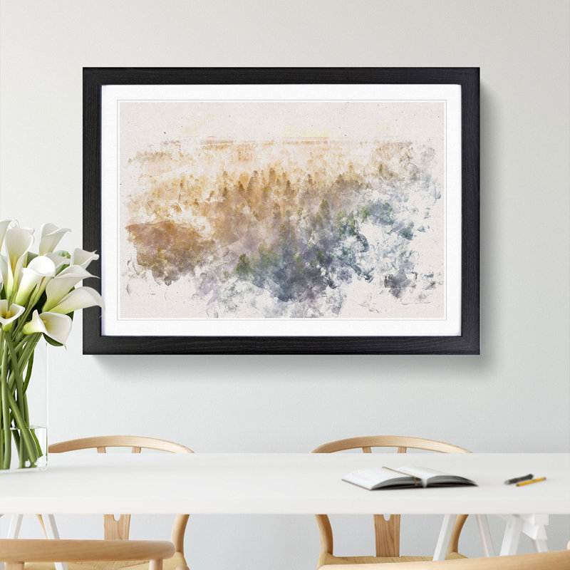 Fog Over The Forest Watercolour - Single Picture Frame Print on MDF, 36cm H x 48cm W x 2cm D, Black Framed