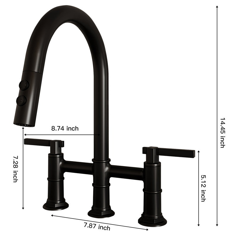Matte Black Dual Handle Pull-Down Bridge Kitchen Faucet