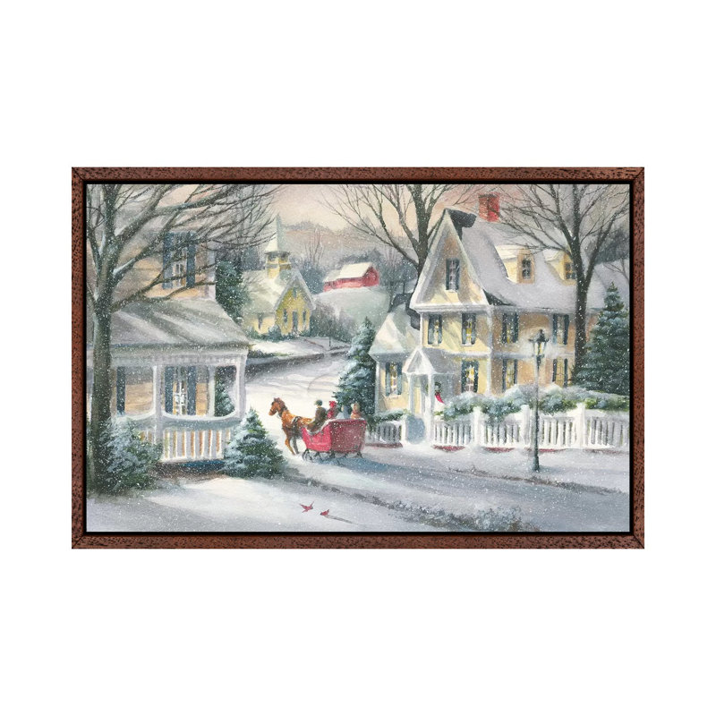 Village Sleigh Ride by George Bjorkland - Print on Canvas, 101.6 cm H x 66.04 cm W, Classic Brown Wood Framed Canvas