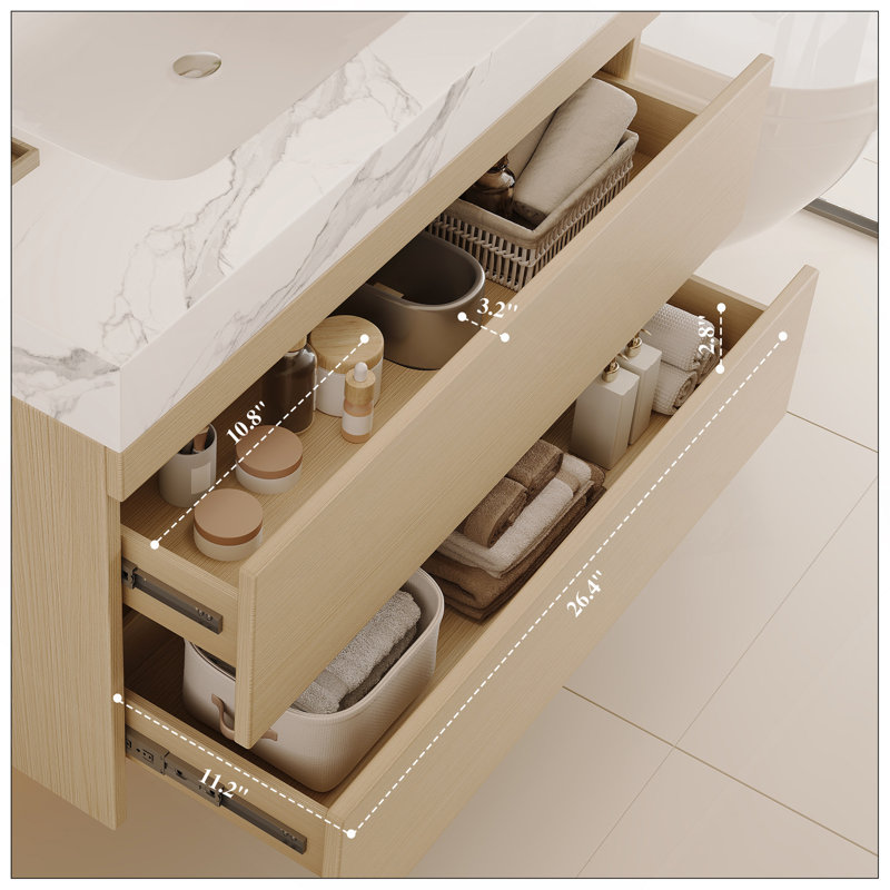 Meuble-lavabo flottant moderne 29,9 po avec comptoir en faux marbre et lavabo encastré en céramique, fixation murale pour petites salles de bain et appartements