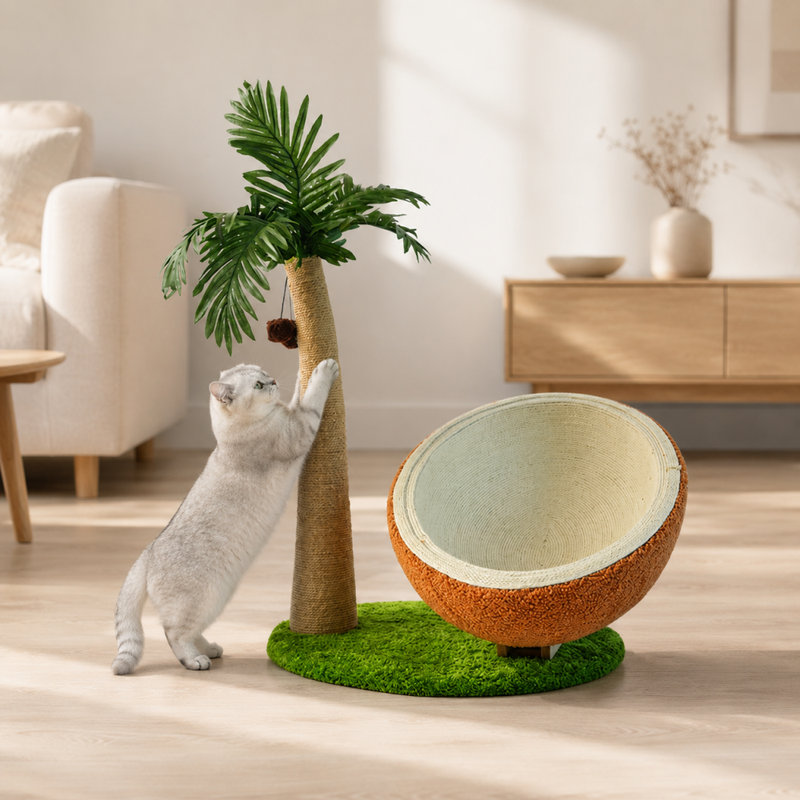 Lit à griffer 2 en 1 pour chat et poteau à griffer en forme de noix de coco avec jouet suspendu pour chats d'intérieur