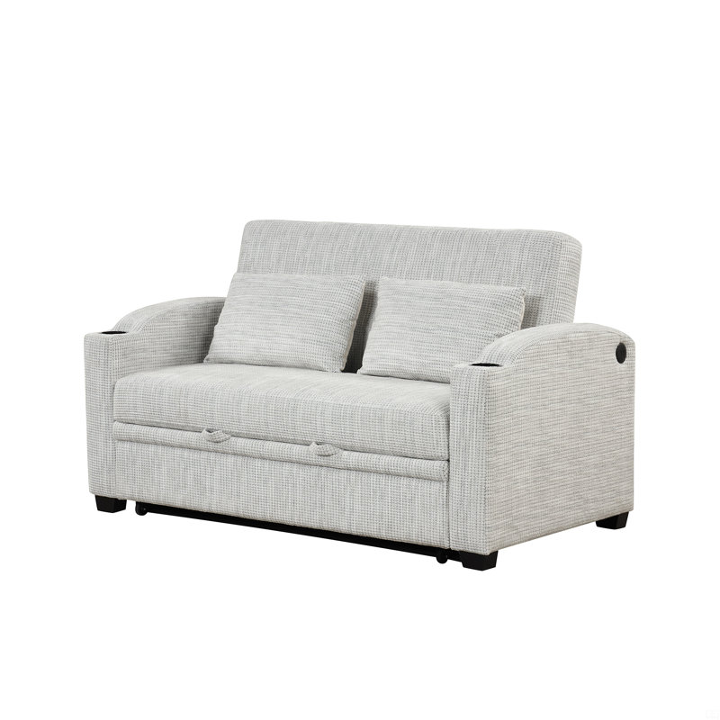 Canapé-lit convertible en chenille 61,6 po avec dossier ajustable, 2 coussins, porte-gobelets, ports USB, Gris clair
