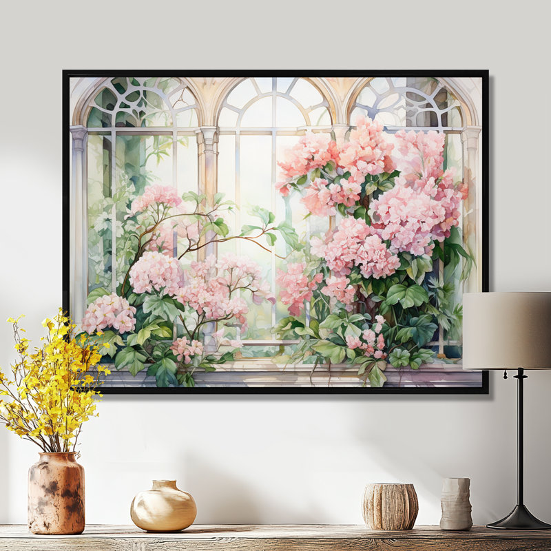 «Pink Blossoming Country Window Gaze III», art mural grande fenêtre, Cadre flottant noir, H 16 po x l 32 po x P 1 po