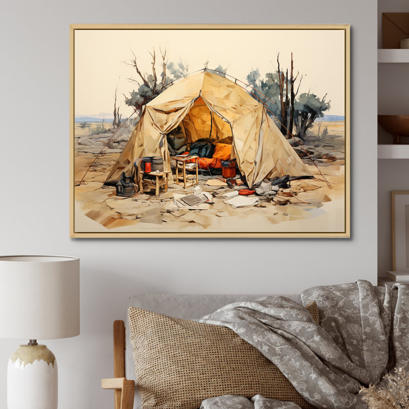 Camping Tent Outdoor Adventure III - Camping Travel Wall Decor, 34" H x 44" W x 1.5" D, Natural Floater Framed