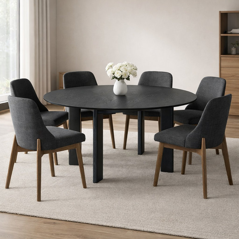 Ensemble de salle à manger rond de 150 cm avec 4 chaises rembourrées, 5 pièces, style moderne à 4 pieds, Black, Dark Grey