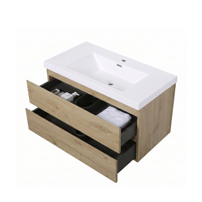 Meuble-lavabo suspendu de 91 cm (36 po) en mélamine en bois avec lavabo intégré en résine, armoire de salle de bain en bois naturel avec tiroirs à fermeture douce et poignées invisibles