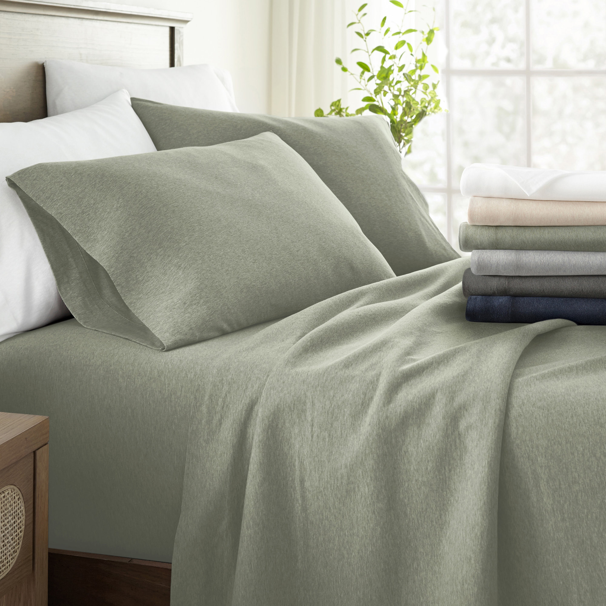 4 Piece 100% Cotton Jersey Knit Sheet Sets, Sage, King Sheet Set + 1 Fitted Sheet + 2 Pillowcases