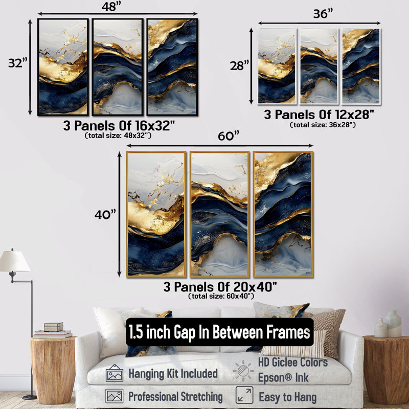 «Aqua River Of Nero Marquina», art mural en marbre - ensemble de 3, Impression encadrée sans passe-partout, Doré