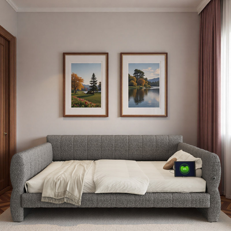 Upholstered Daybed With Usb And Slats Support, Gray
