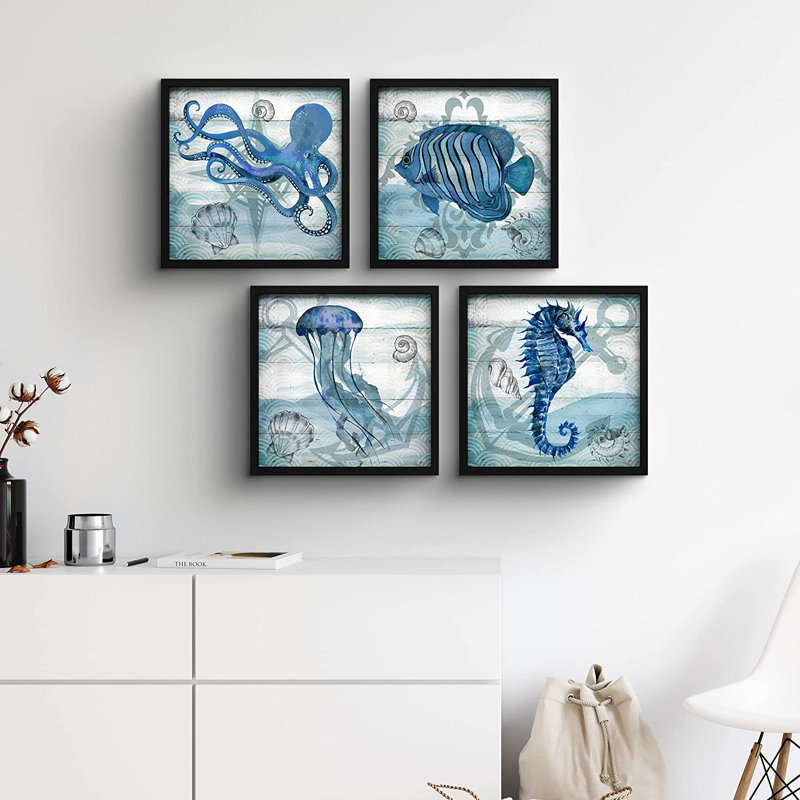 Pieuvre / poisson clown / méduse / hippocampe nautique bleu rustique, art mural, cadre en plastique, 4 pièces, Noir