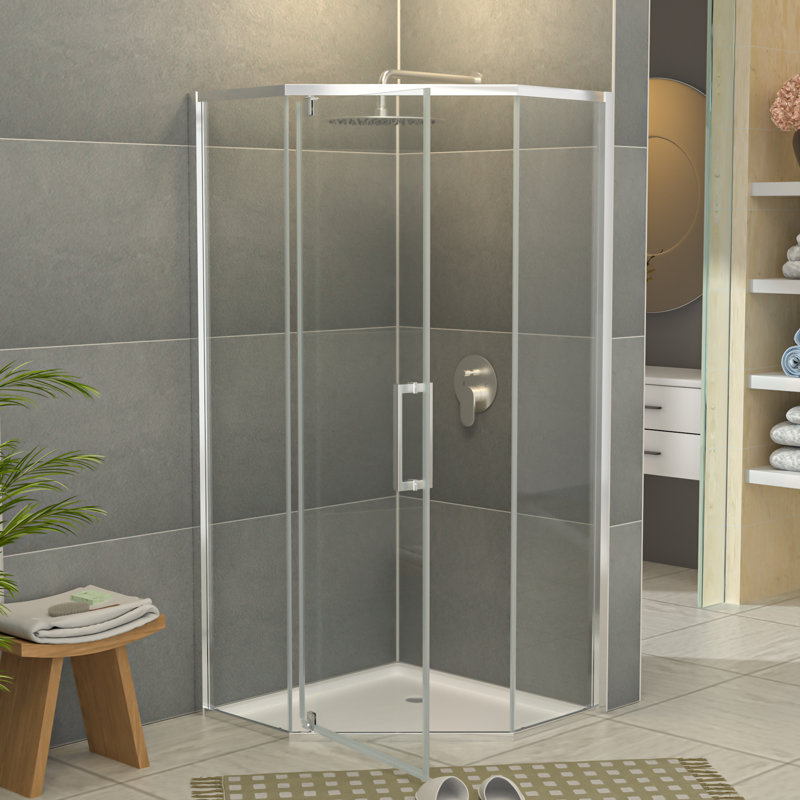 34" - 34" W x 72" H Pivot Semi-Frameless Neo-Angle Reversible Shower Enclosure with Tempered Glass and Fixed Pannel, Chrome