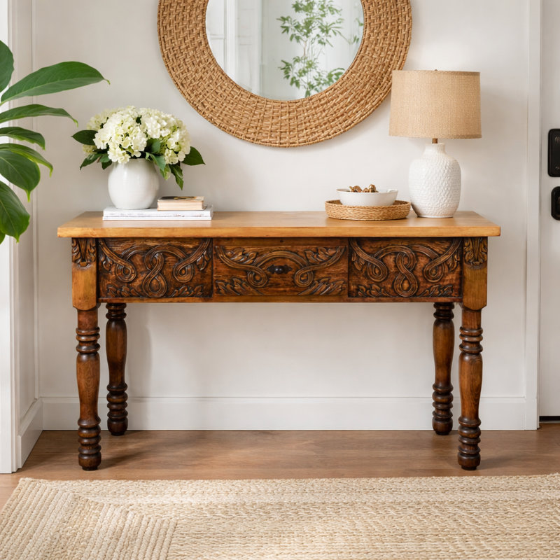 Ribbon Carved Console Table, Brown