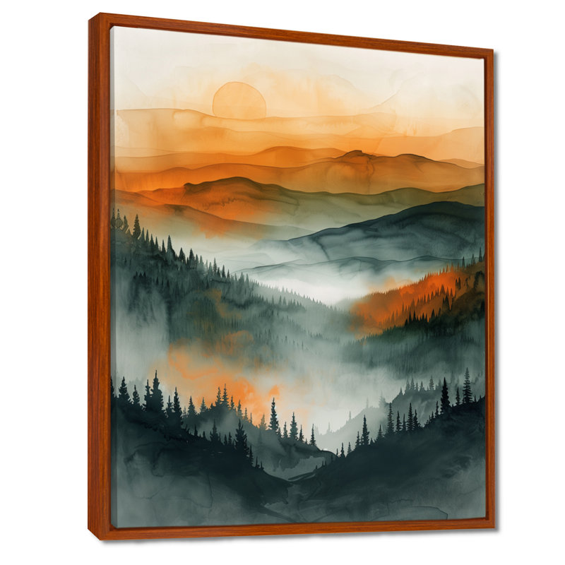 «Orange Green Forest Wilderness At Sunset III», art mural forêt, H 40 po x l 30 po, Cadre flottant noir