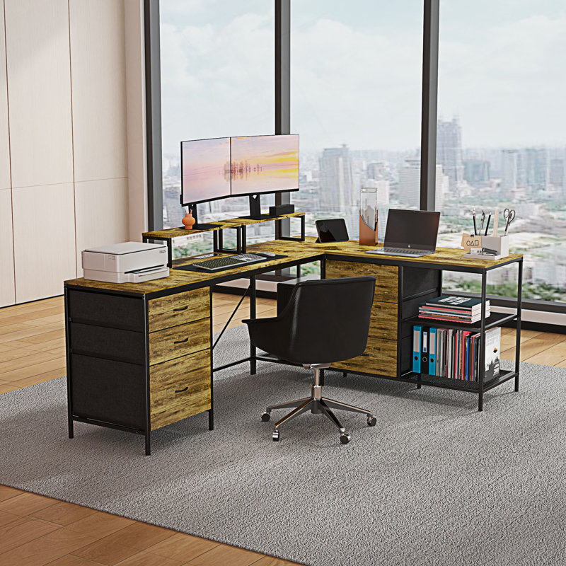 L-Shaped Desk With Power Outlets & USB-C, Industrial Computer Desk With 6 Fabric Drawers