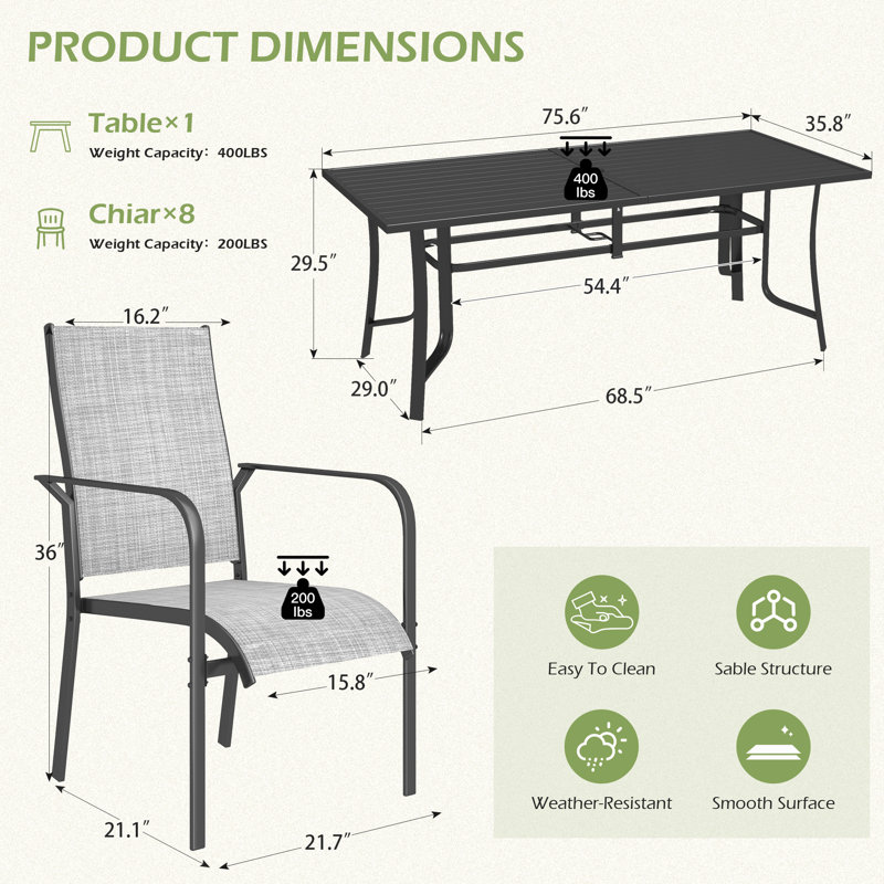 9 Piece Patio Dining Set, Outdoor Dining Table And Chairs Set For 8, 8 PVC-coated polyester Chairs, 1 Iron Rectangular Table With Adjustable Umbrella Hole, Patio Furniture Set For Deck, Backyard, Lawn, Poolside, Brown/gray/blue