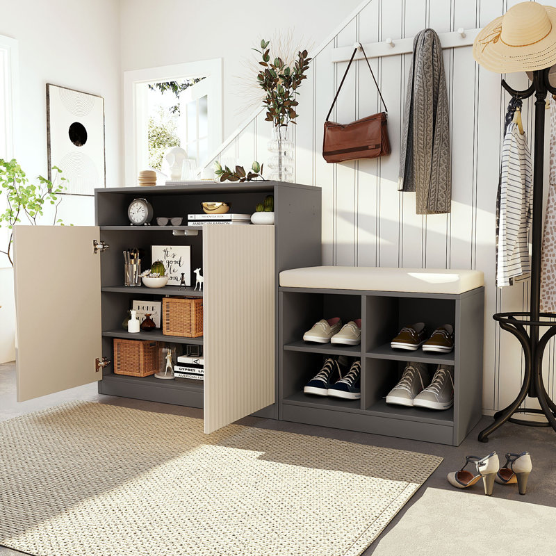 Entryway Bench Cabinet With Cushion And Adjustable Shelves, Shoe Bench Storage Console Table With Wavy Slatted Door And Hooks