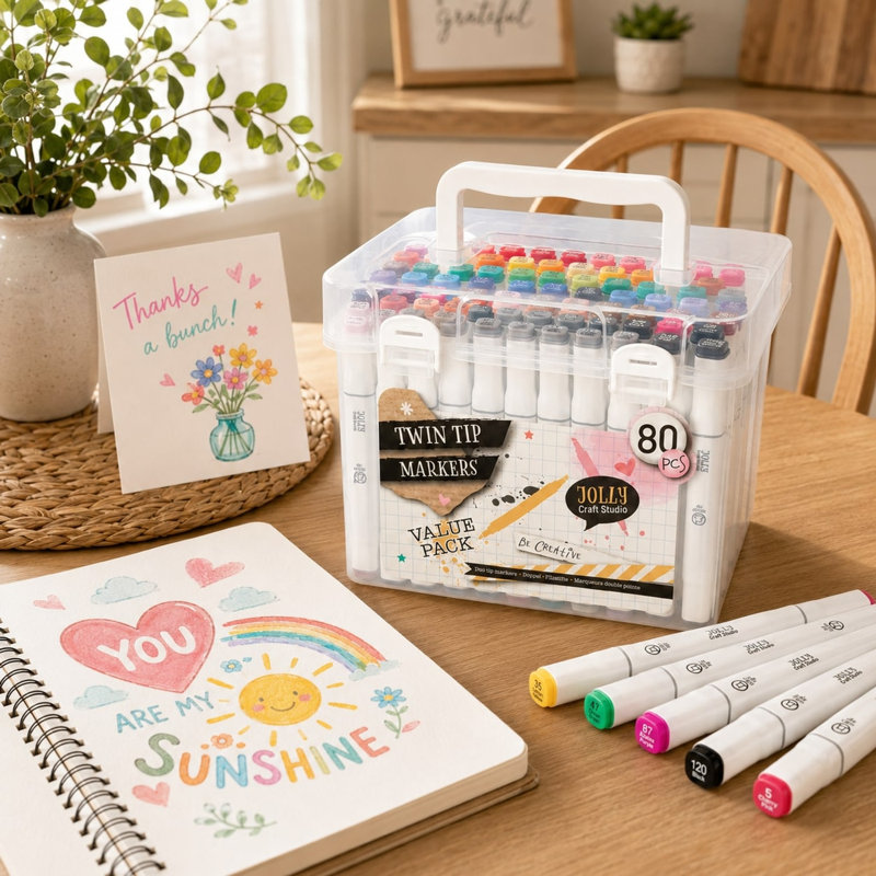 80 Colour Twin Tip Markers Set w/ Broad Tips and Organiser Case