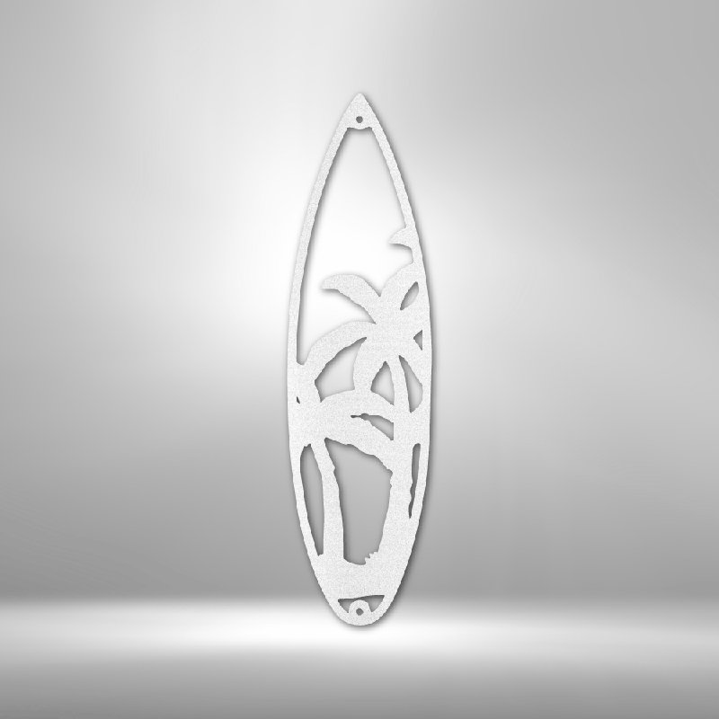 Planche de surf, palmiers, panneau en acier, découpé au laser, décoration murale pour la maison et le bureau, tailles et couleurs multiples