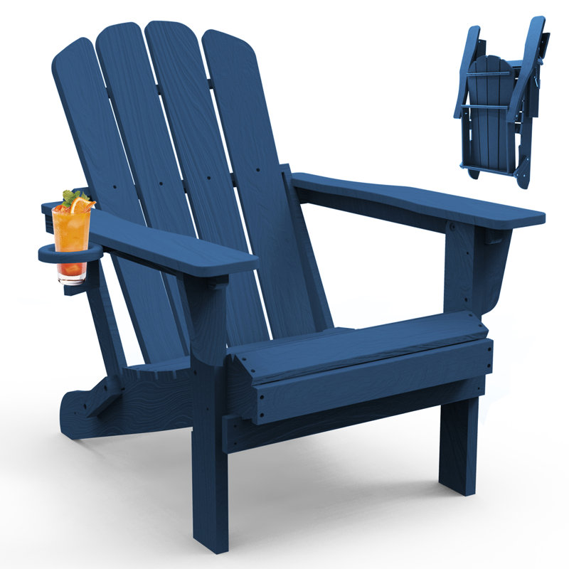 All-Weather HDPE Folding Adirondack Chair Outdoor Patio Fire Pit Chair with Cup Holder, Blue
