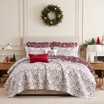 Ensemble de courtepointe de Noël réversible 7 pièces Southshore Fine Linens Holiday Harmony pour lit double/queen, comprenant 2 taies d'oreiller standard, 2 taies d'oreiller carrées et 2 coussins décoratifs