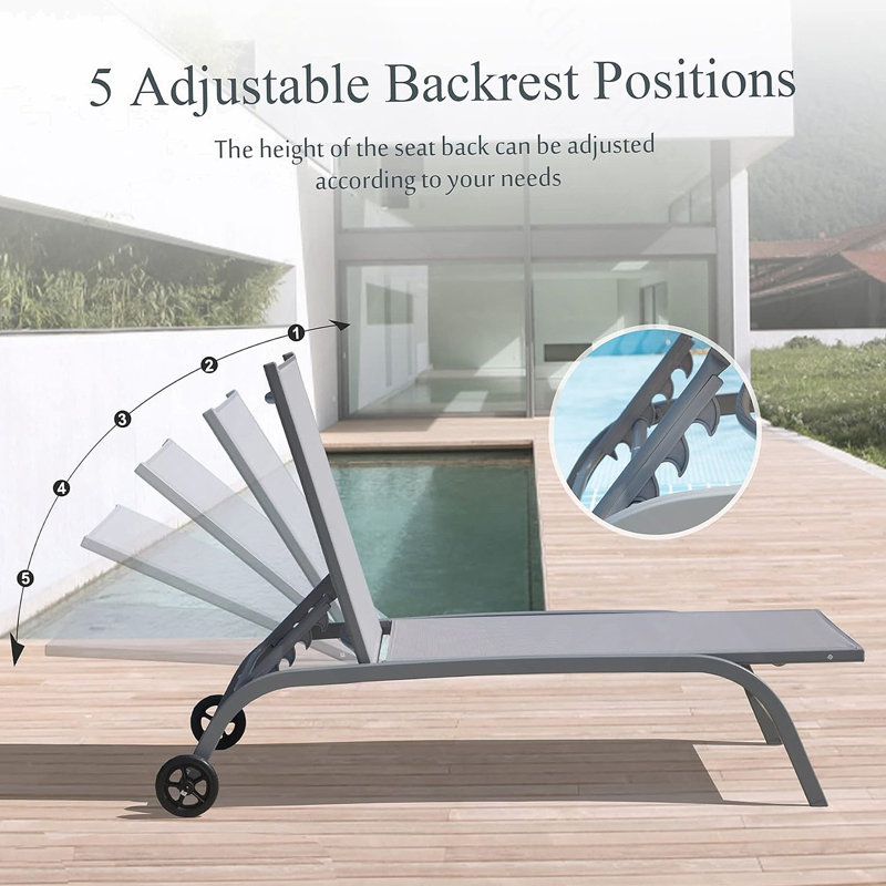 Chaise Lounge Outdoor Set Of 2, Adjustable Backrest, Wheels, Durable And Comfortable For Patio, Beach, Yard, Deck, Poolside (Grey)