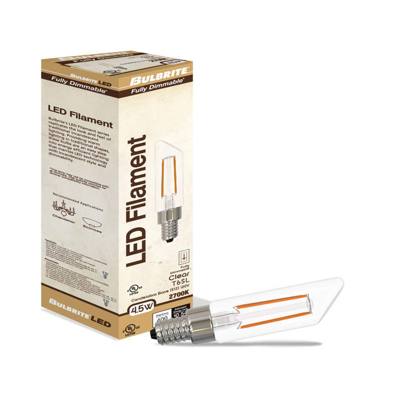 LED Filament Pack of (4) 4.5 Watt Dimmable T6SL Light Bulbs with Candelabra (E12) Base, 2700K